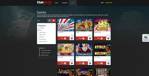 Game selection at Club World Casino