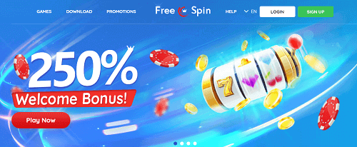 FreeSpin homepage with welcome bonus
