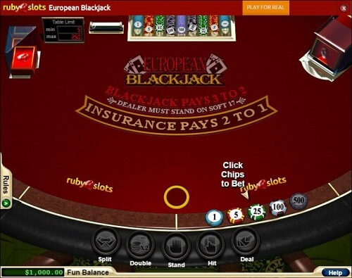 Ruby Slots Casino European Blackjack Screenshot